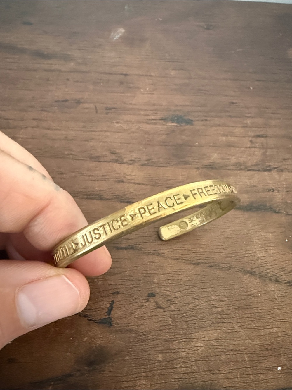 Stamped Brass Cuff Bracelet - "Peace • Justice"
